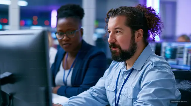 Team members discussing data in a modern office environment