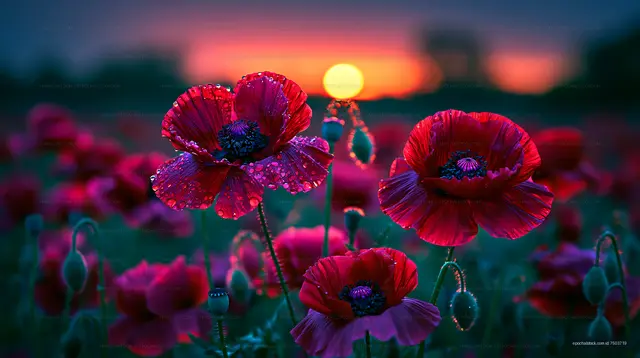 Vibrant poppy flowers in a field at sunset