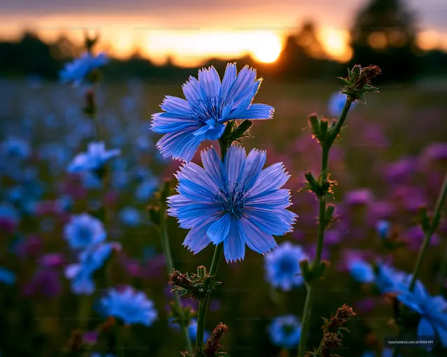 Blue flowers in a field during sunset