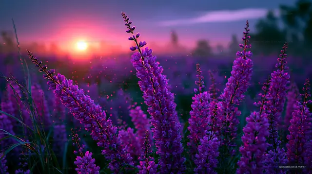 Violet flowers at sunset in a rural landscape