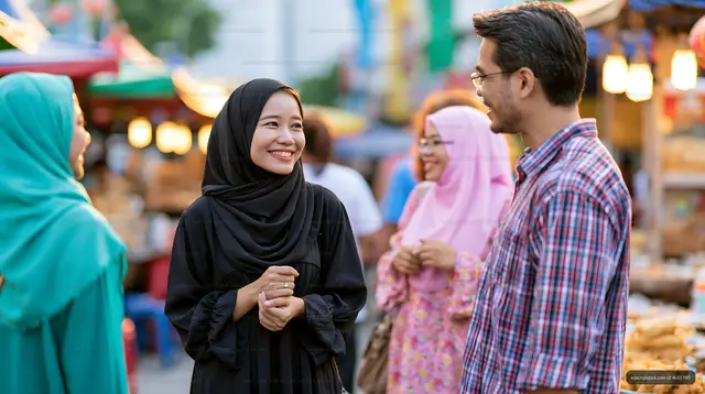 Smiling people talking in a vibrant outdoor market