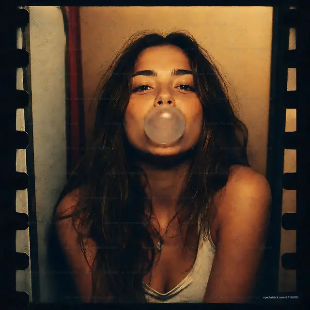 Woman blowing bubble gum in a casual indoor setting