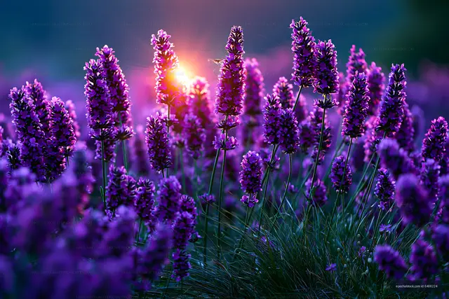 Lavender field at sunset with bright purple flowers