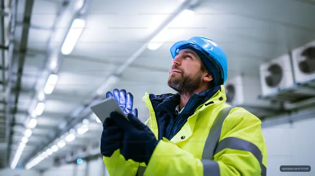 Worker inspecting facility while using a smartphone