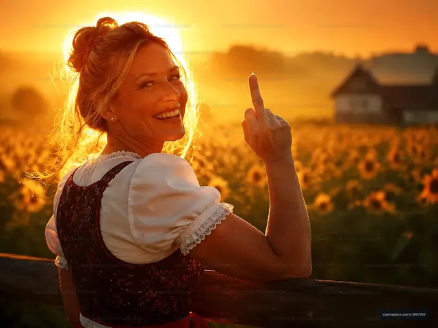 Woman smiling in sunflower field at sunset