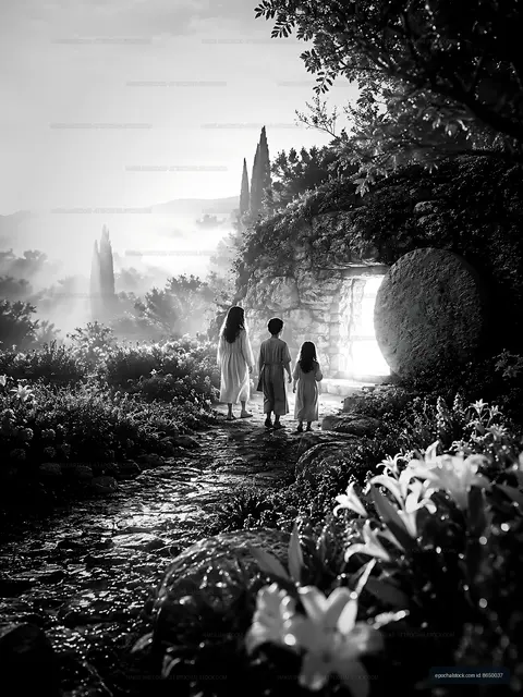 Children walking on a stone path through a garden