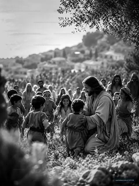 Children gather around a figure in a natural outdoor setting