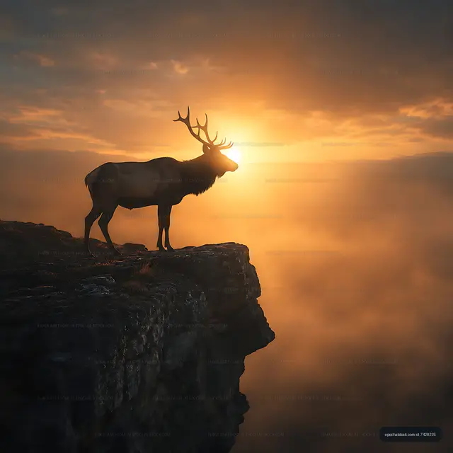 Stag silhouette against a sunset over misty landscape