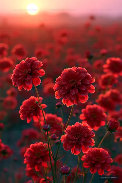 Red flowers bloom under a setting sun in a field