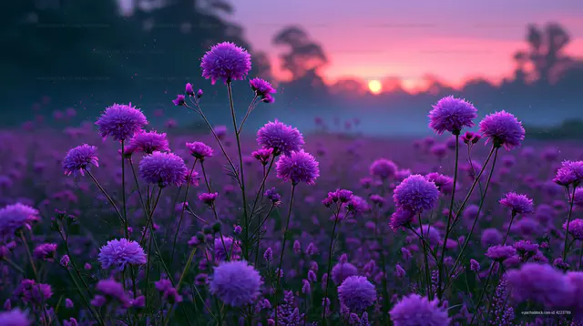 Purple flowers in a field at sunrise