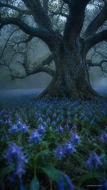 Majestic tree surrounded by blue flowers in misty forest