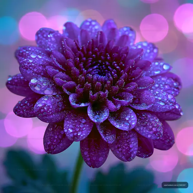 Purple flower with water droplets and colorful background