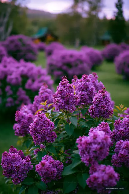 Purple lilac flowers in a garden during springtime