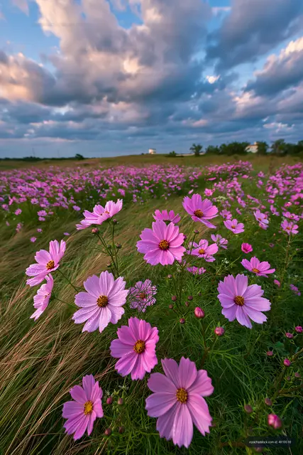 Vibrant field of pink flowers under a cloudy sky