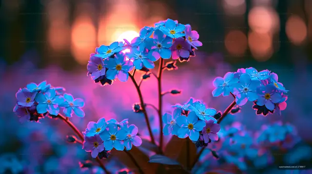 Vibrant flowers bloom at sunset in a natural setting