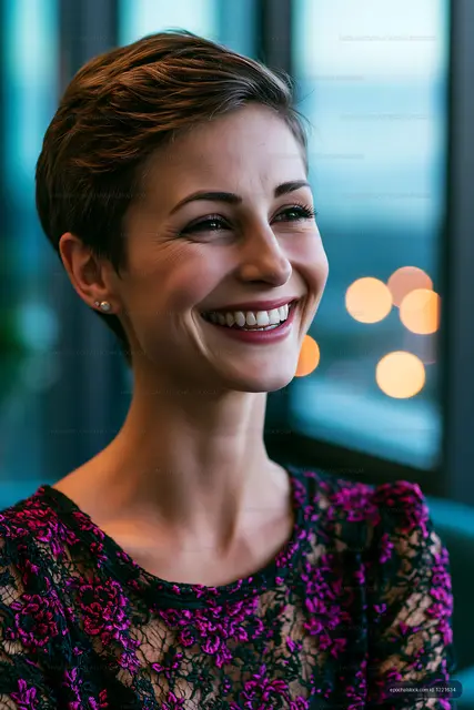 Smiling woman with short hair indoors near large windows
