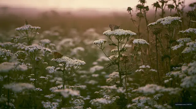 Butterflies resting on flowers in a field at sunset