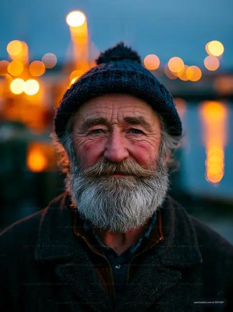Old man with beard and knit hat by the water at dusk