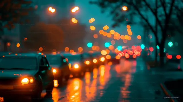 City traffic with blurred lights on a rainy evening