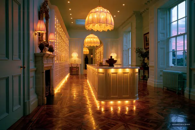 Illuminated hallway with decorative lights and wooden flooring