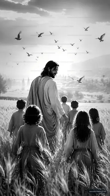 Jesus walking in a field with children during a sunny day