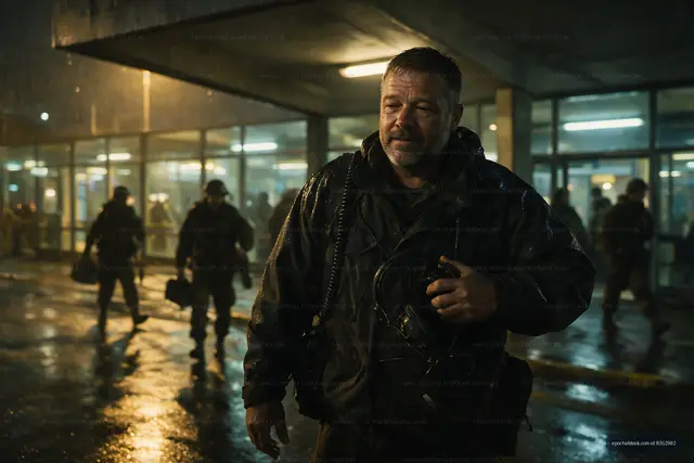 Soldier walking through a rain-soaked area at night