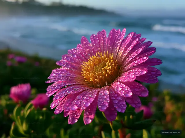 Close-up of pink flower with dew near ocean shore