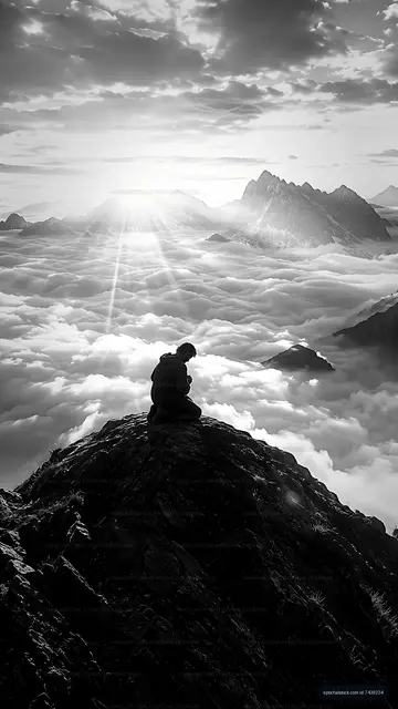 Man sits on mountain peak above clouds at sunrise