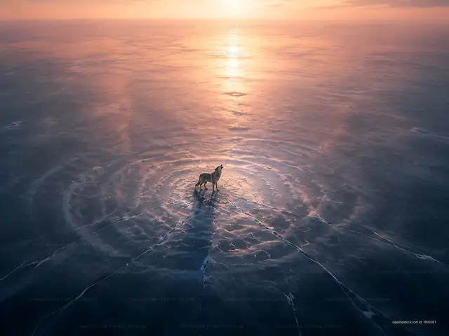 Wolf standing alone on frozen lake at sunset