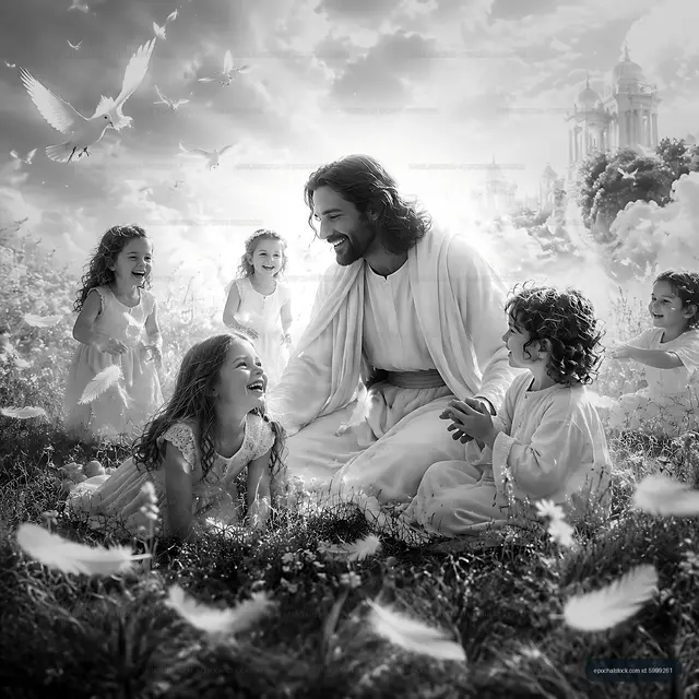 Children playing with a figure in white in a bright setting
