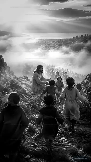 Children running to Jesus in a misty landscape