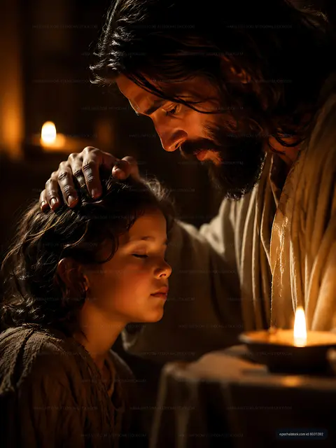 Father and child sharing a moment in soft candlelight