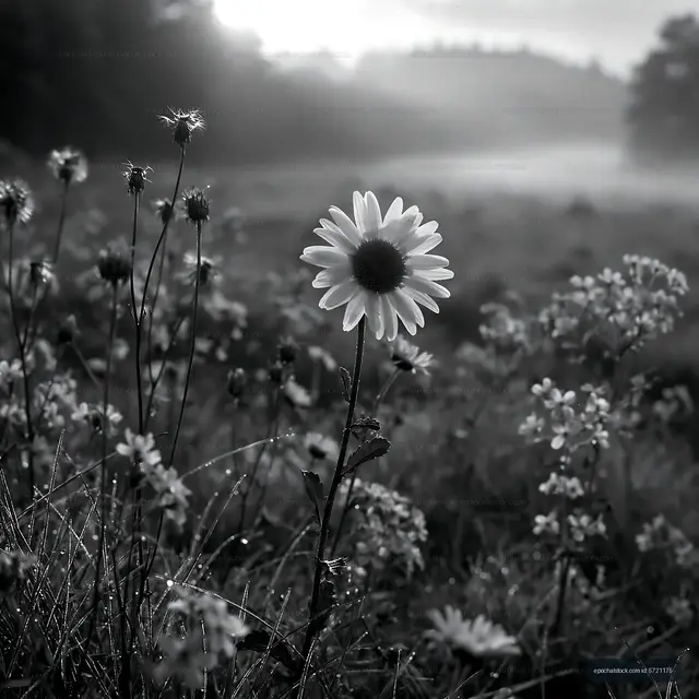Black and white scene of a daisy in a field of wildflowers