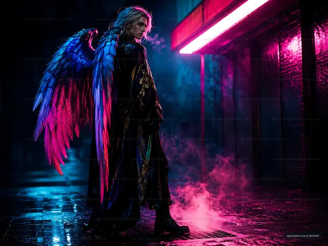 Person with wings stands under neon lights at night