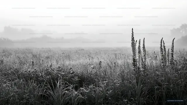 Foggy landscape with tall grass and plants at dawn