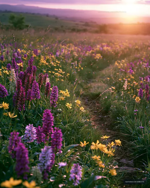 Colorful wildflower field at sunset