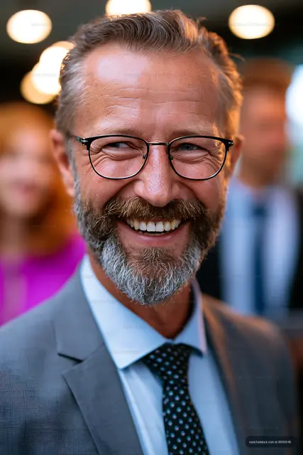 Smiling man with glasses in a business suit at an event