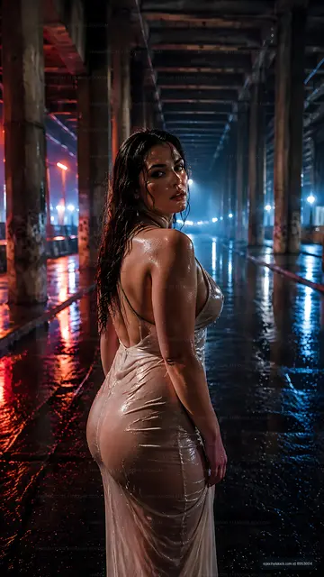 Woman stands in wet urban street under lights