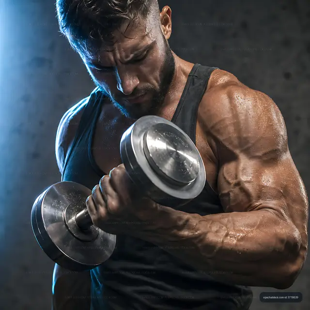 Man lifting dumbbell in gym setting during strength training session