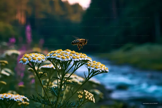 Bee hovering over yellow flowers near a river in a forest