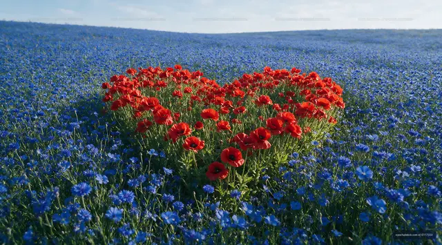 Red flowers in heart shape among blue flowers in a field