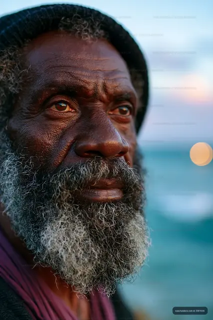 Man with gray beard standing by the sea during sunset