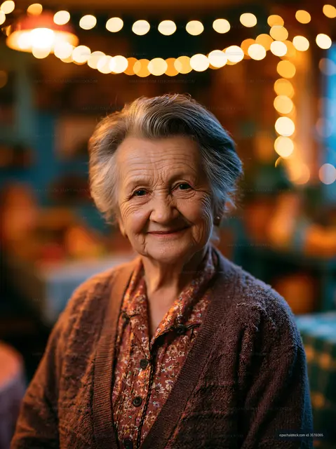 Smiling elderly woman in cozy indoor setting with warm lights