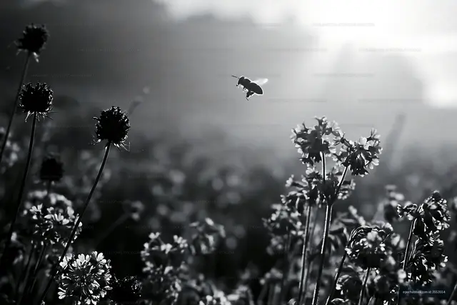 Bee flying over wildflowers in a black and white field