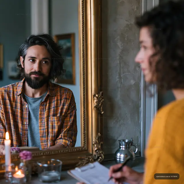Man and woman engaged in conversation by a mirror in a cozy setting