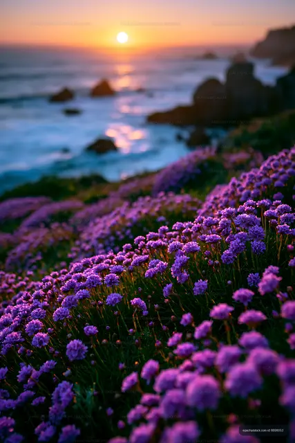 Colorful flowers at sunset by the ocean shore