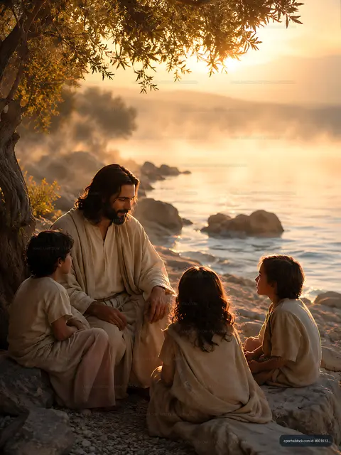 Man sitting near water talking to children at sunset