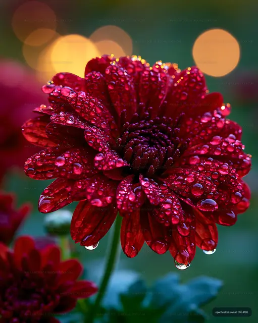 Red flower with water droplets after rain