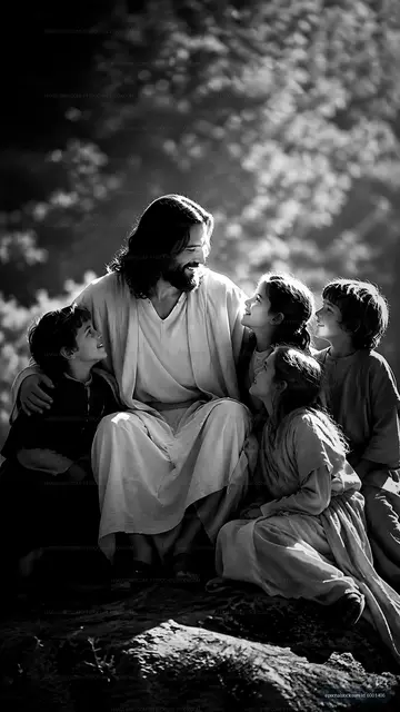 Jesus with children in a serene outdoor setting