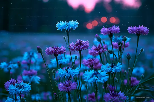 Colorful wildflowers bloom in a field during dusk